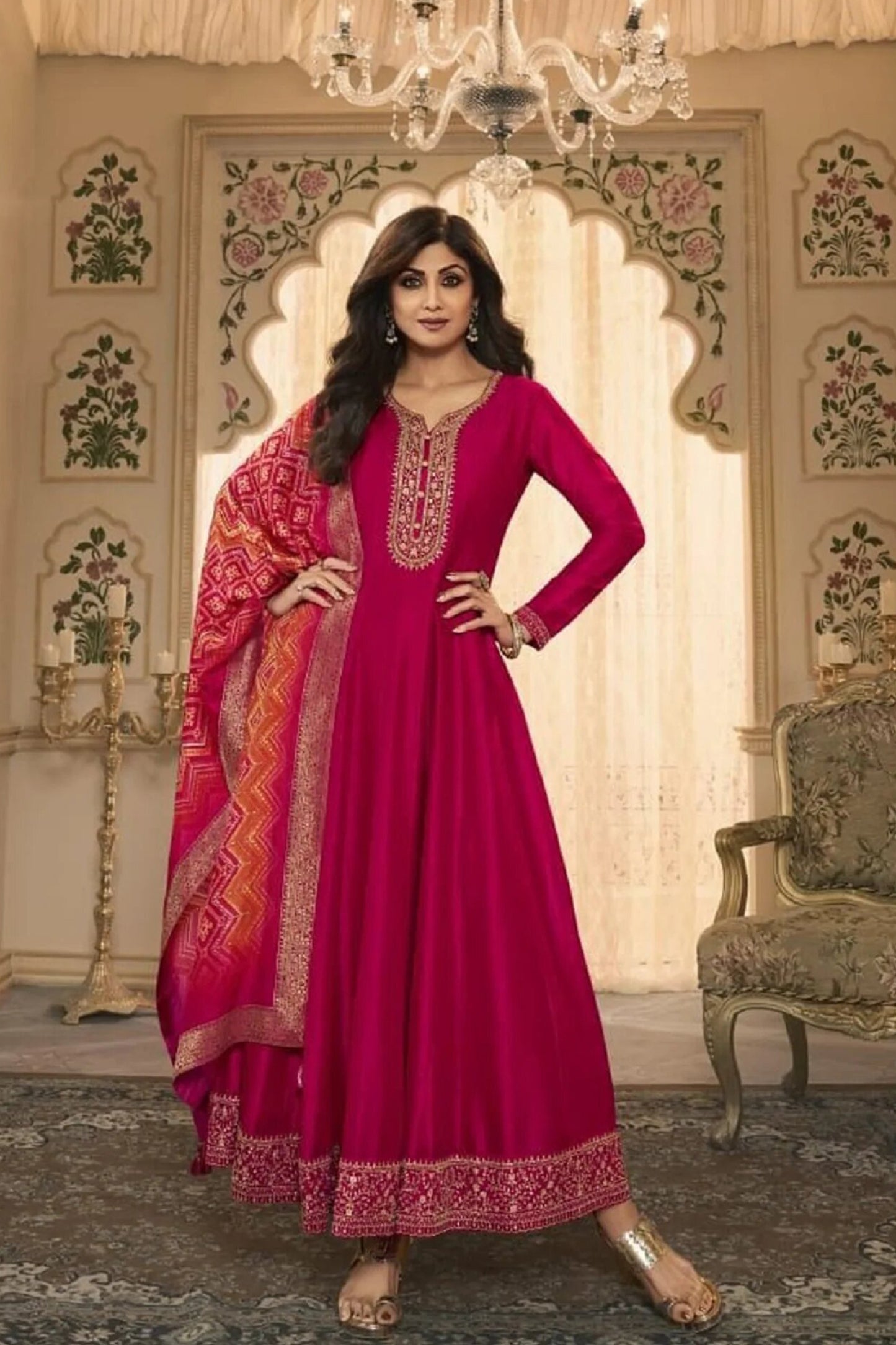 Pink Color Indian Pakistani Embroidery Worked Gorgeous Anarkali Gown Suits