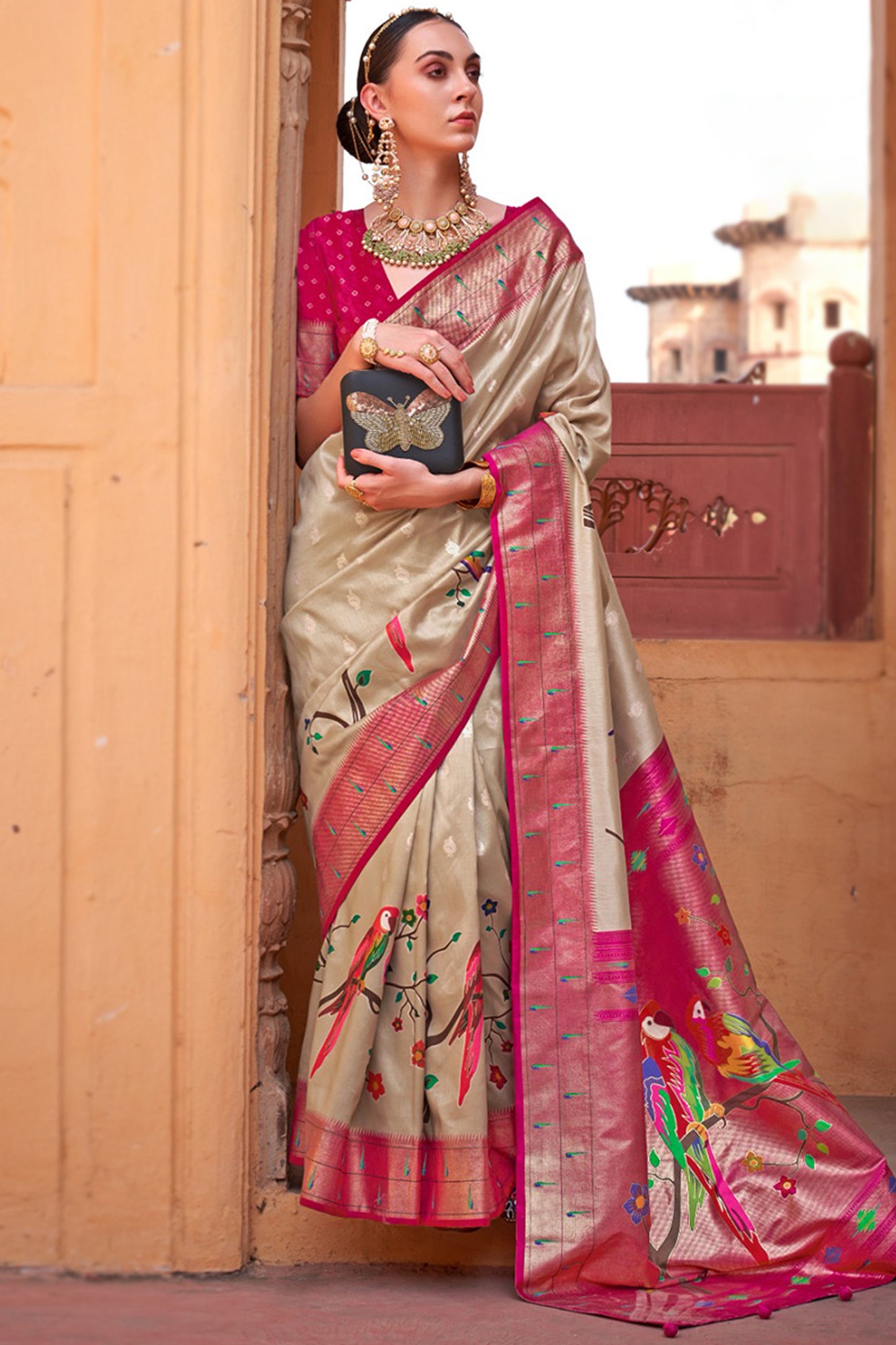 Stunning Dark Beige Paithani Printed Silk Saree With Foil Print Blouse