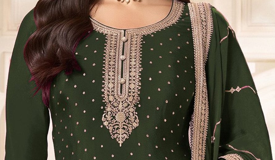 Sequence and coding embroidery close-up on mehandi green neckline