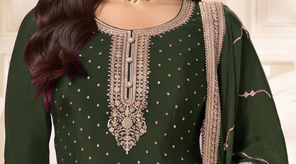 Close-up of coding work on mehandi green kameez neckline