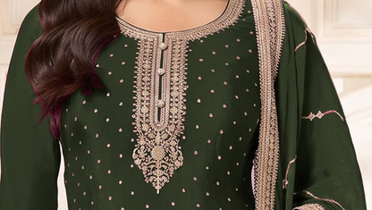 Sequence and coding embroidery close-up on mehandi green neckline