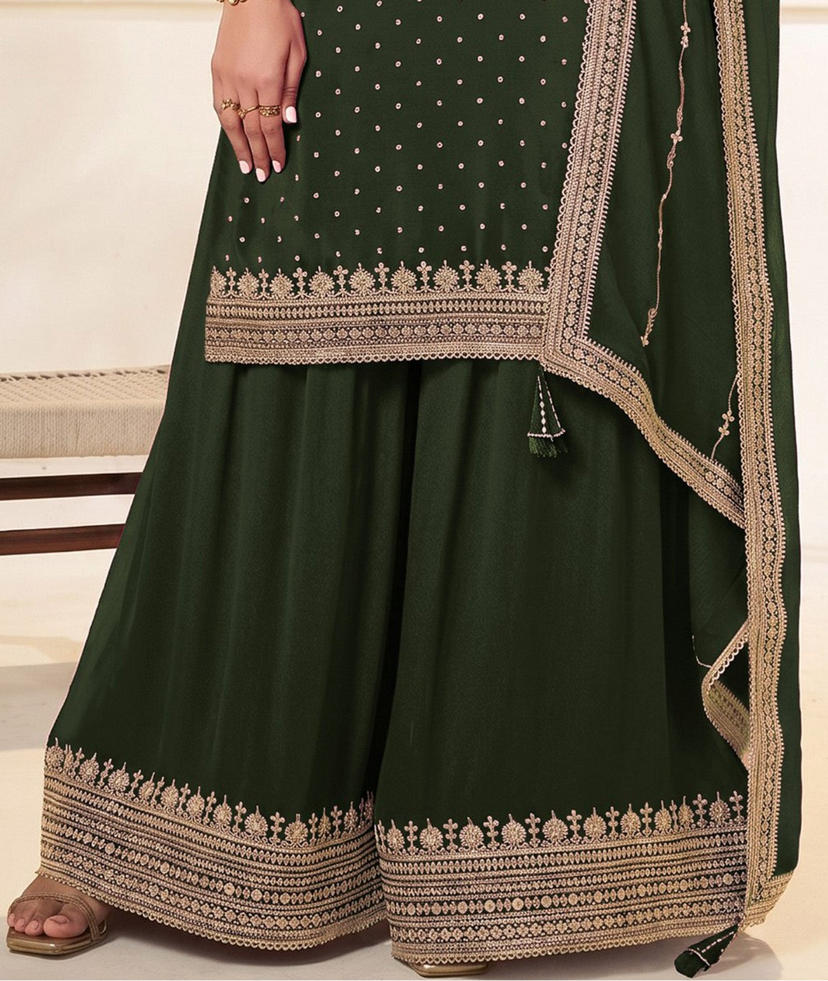 Back view of mehandi green stitched kameez plazzo dress