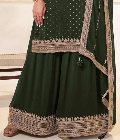 Back view of mehandi green stitched kameez plazzo dress