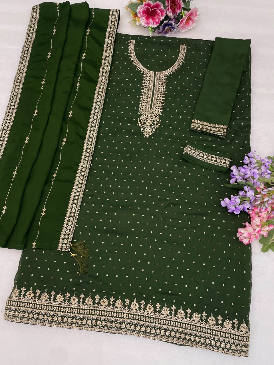 Full look of mehendi green kameez plazzo dress for sangeet