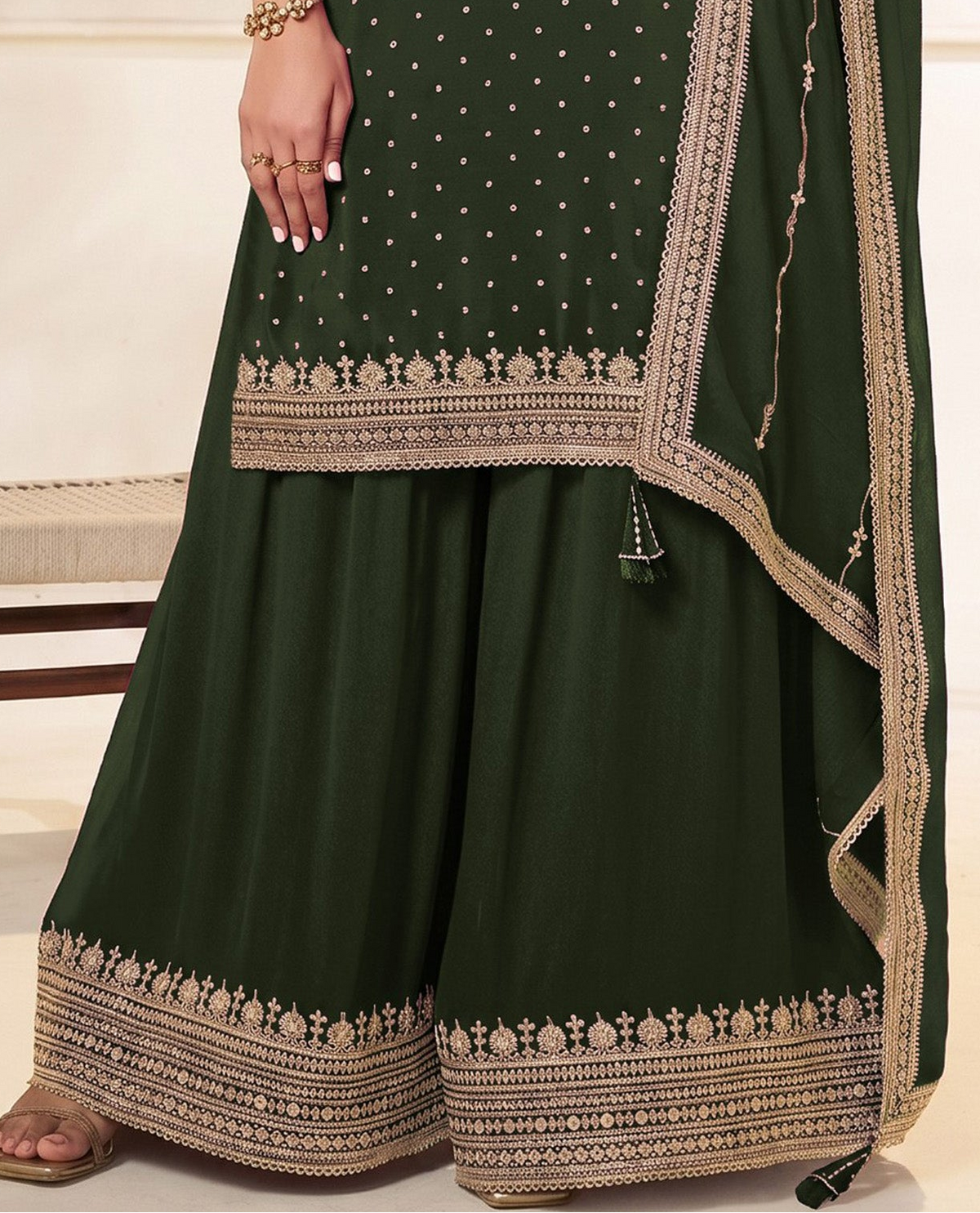 Back view of mehandi green stitched party wear suit