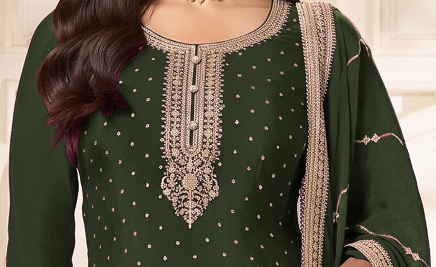 Sleeve detail with zari embroidery on mehandi green plazzo dress
