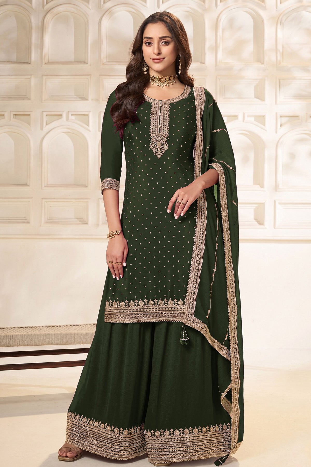 Mehandi green salwar kameez suit with sequence work, front