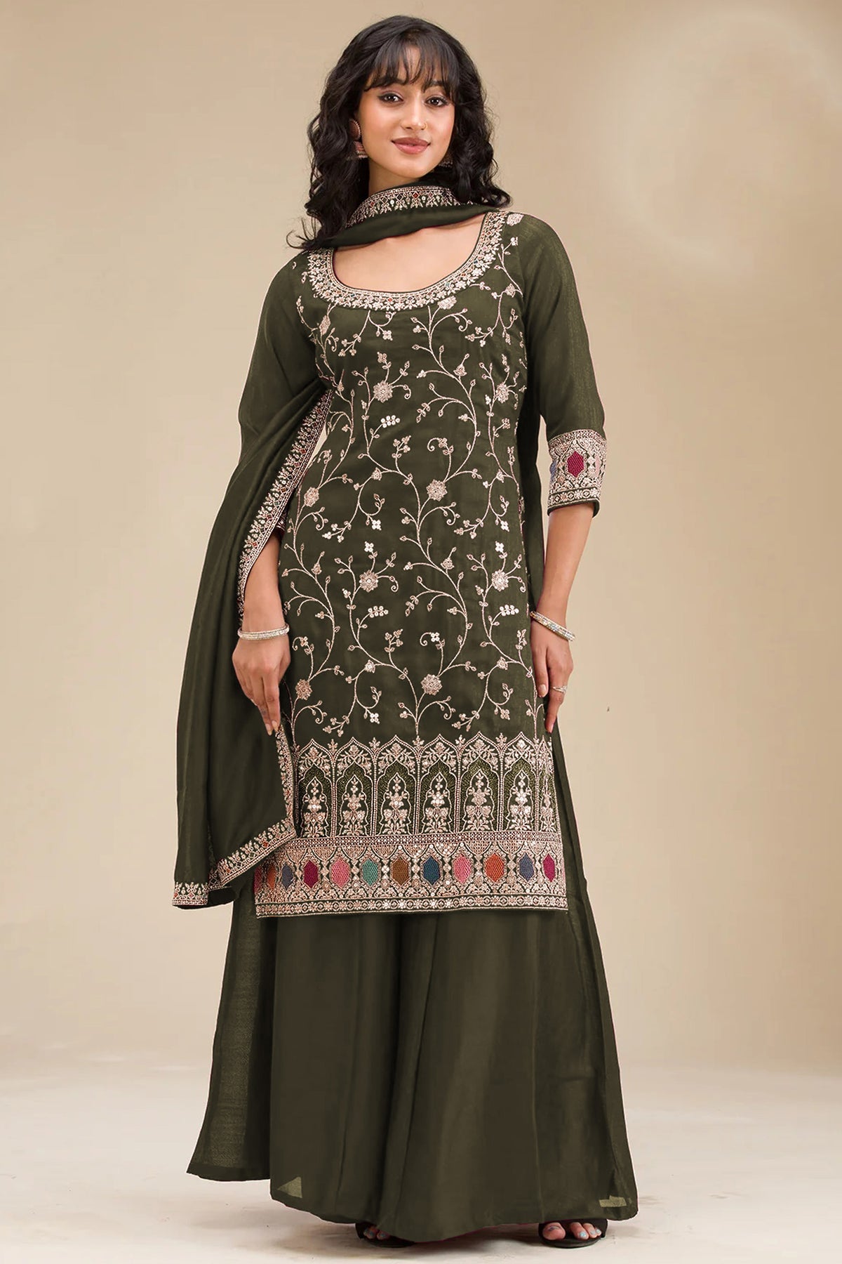 Mehndi green palzzo dress front view