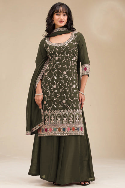Mehndi green palzzo dress front view