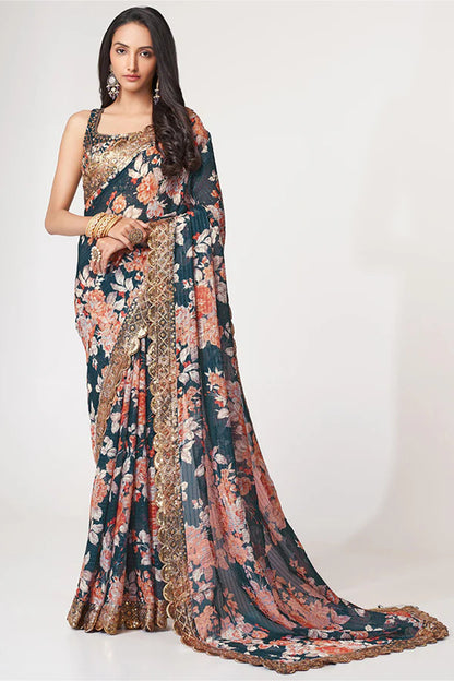 Stunning Navy Blue Floral Printed Wedding Function Wear Saree