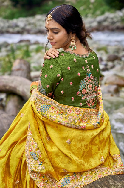 Ravishing Mustard Color Embroidery Work Designer Silk Fabric Festival Wear Saree