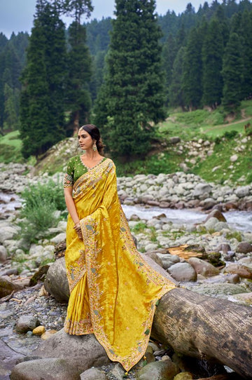 Ravishing Mustard Color Embroidery Work Designer Silk Fabric Festival Wear Saree