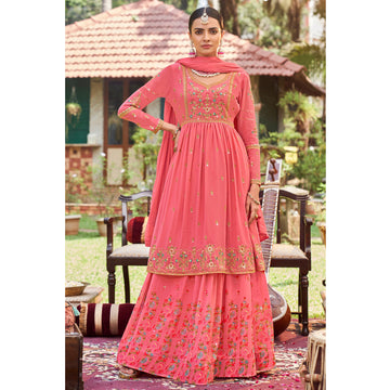 Trendy Pink Color Embroidery Work Special Readymade Sharara Top Lehenga