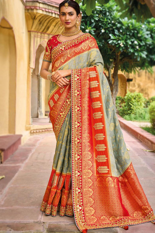 Gorgeous Grey Orange Color Pure Dola Viscose Trendy Style Engagement Wear Saree