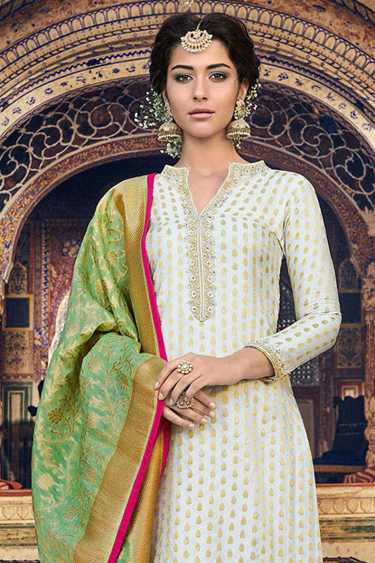 Attractive Designer Banarasi With Jacquard Work Salwar Kameez Plazzo Suit