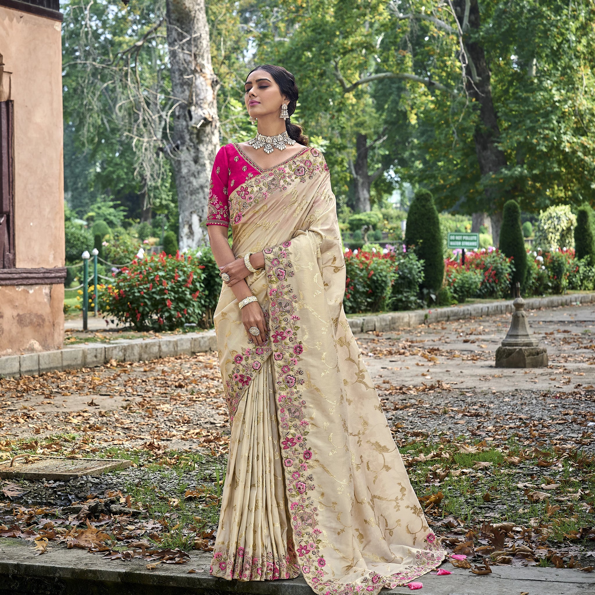 Amazing Off White Color Silk Work Ready To Wear Style Saree