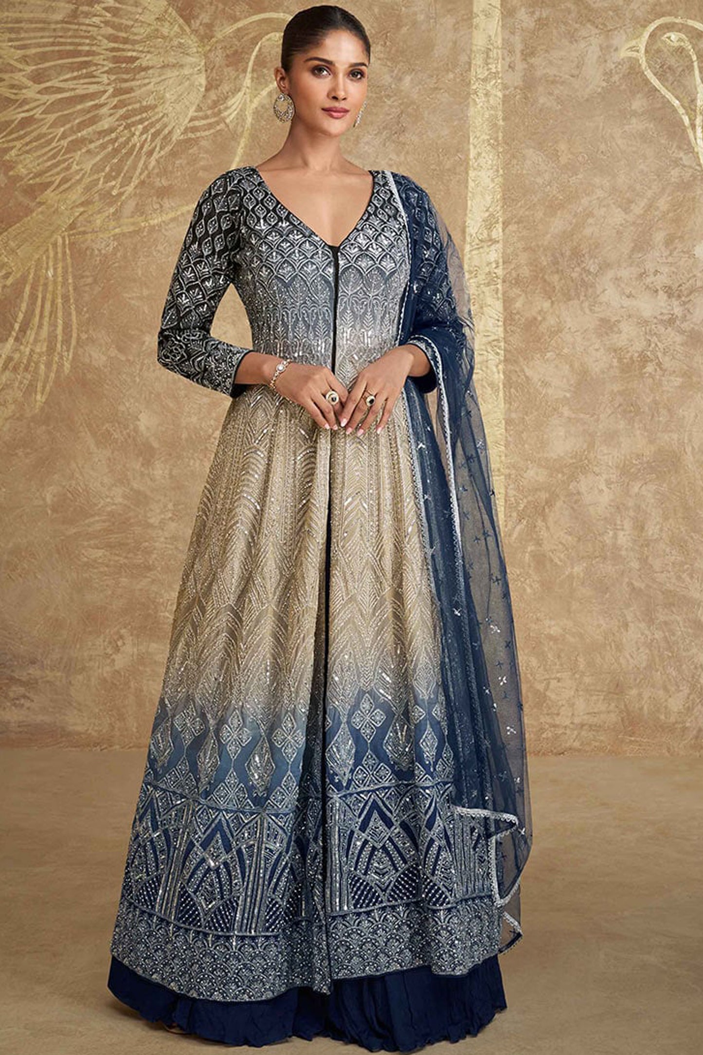 Captivating Beige & Blue Color Pakistani Designer Wedding Function Wear Anarkali Style Indo Western Suits