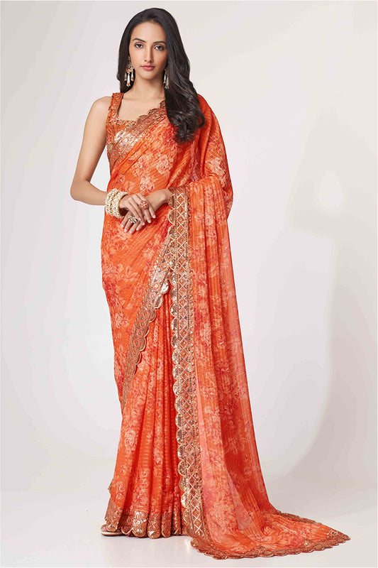 Pakistani Stylish Orange Color Floral Printed Organza Fabric Festival Wear Saree