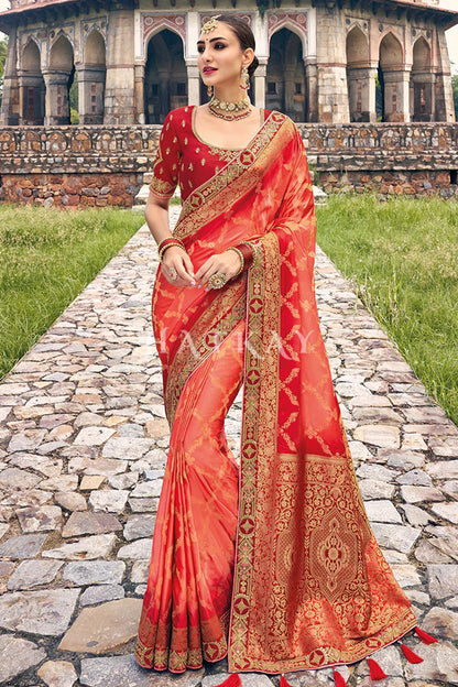 Stunning Red Color Embroidery Work Satin Festival Wear Saree With Blouse