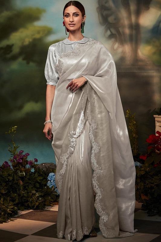 Traditional Designer Grey Silk Material Wedding Function Wear Saree With Woven Work Blouse