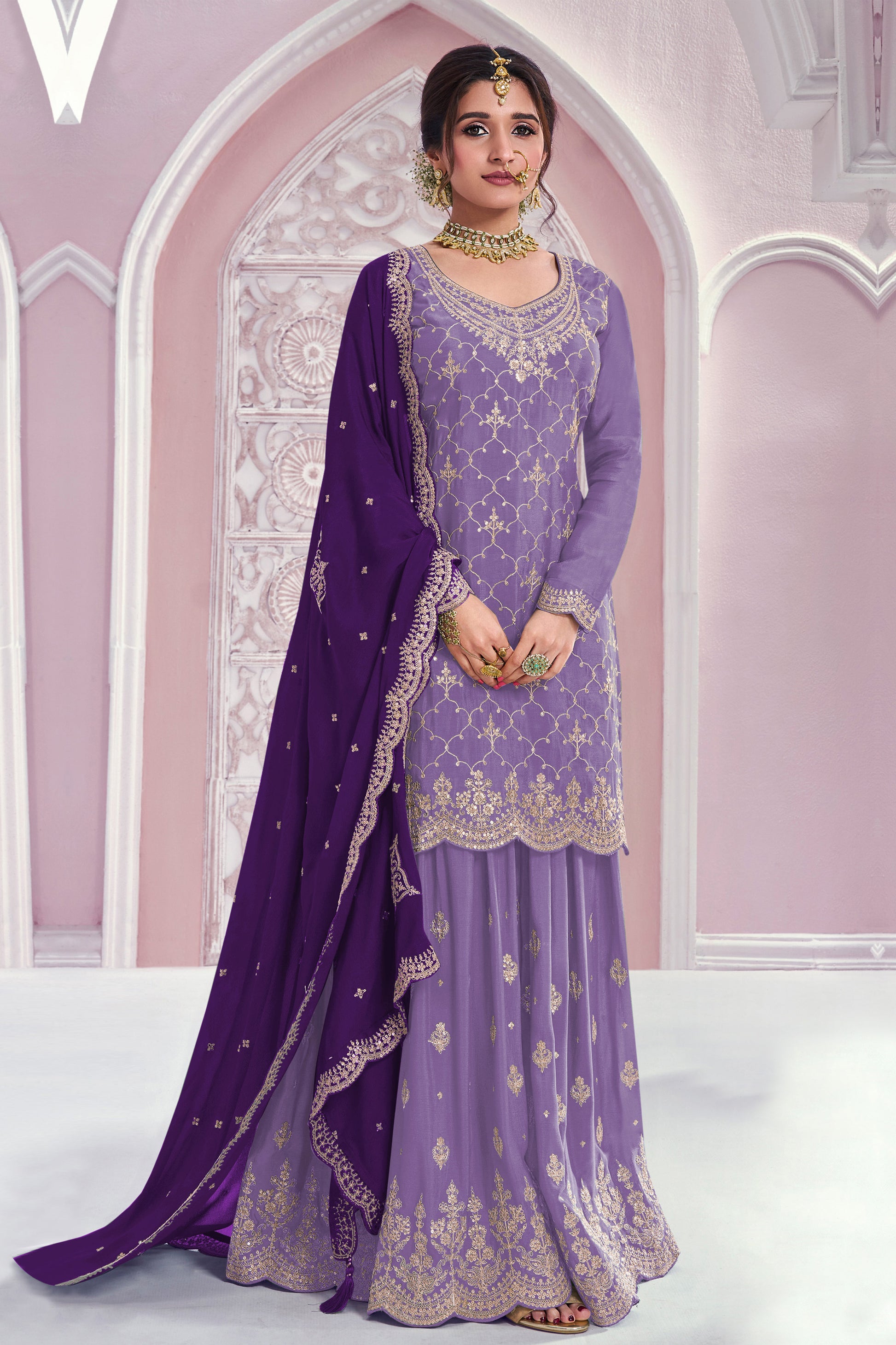 Palazzo suit for women showing the full three-piece outfit