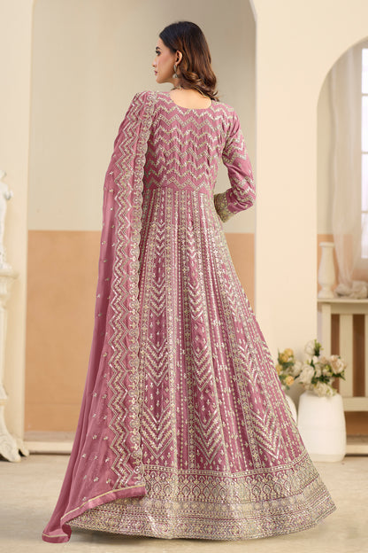 Back view of pink anarkali gown with embroidered hemline