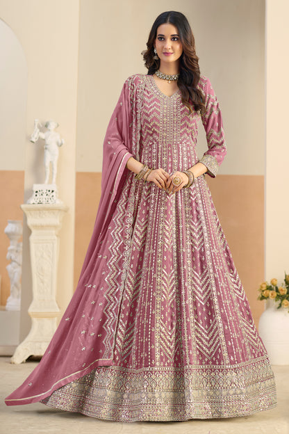 Pink anarkali salwar suit with heavy embroidery, front view