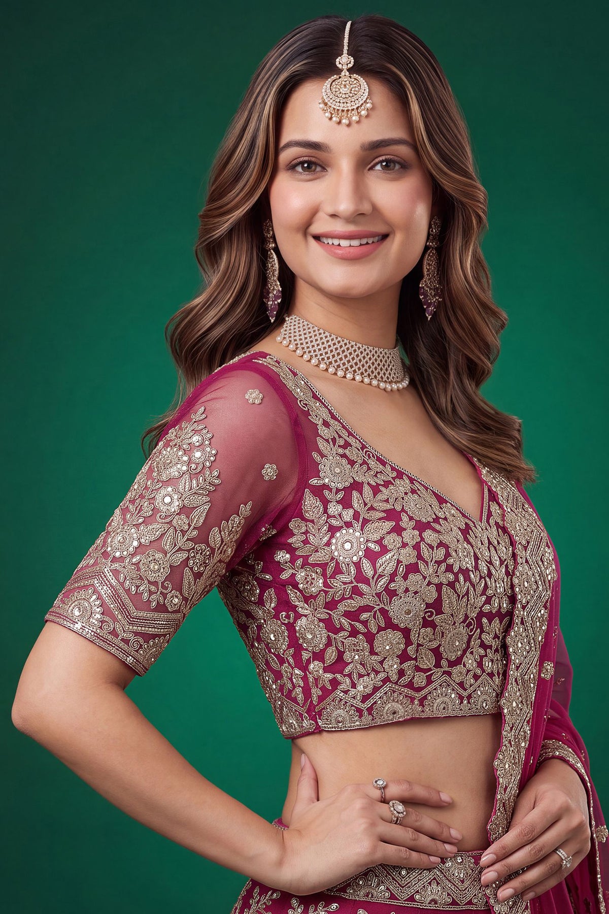 Pink ghagra choli side view with Soft Net dupatta