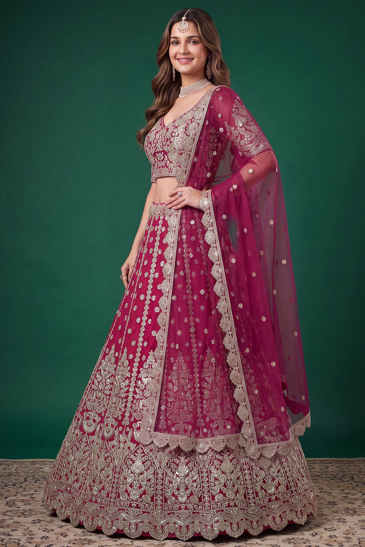 Pink ghagra choli side view with Soft Net dupatta