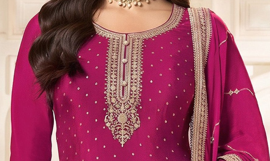 Sequence embroidery close-up on pink kameez neckline