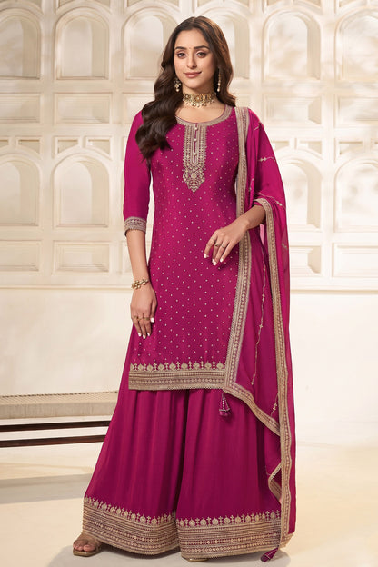 Pink kameez plazzo dress with heavy embroidered work, front view