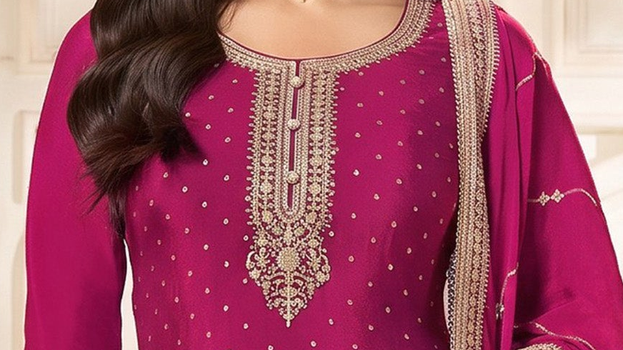 Close-up of coding work on pink kameez plazzo neckline