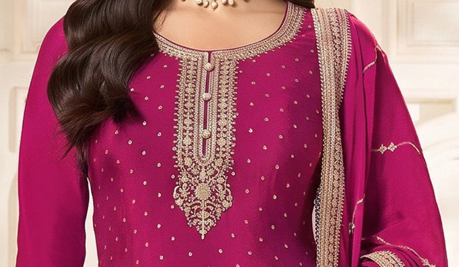 Close-up of coding and sequence work on pink kameez neckline