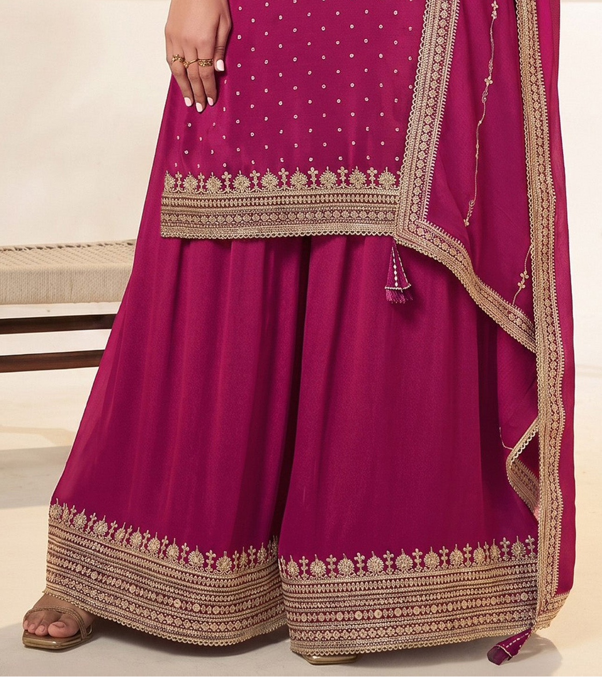 Back view of pink stitched kameez plazzo set