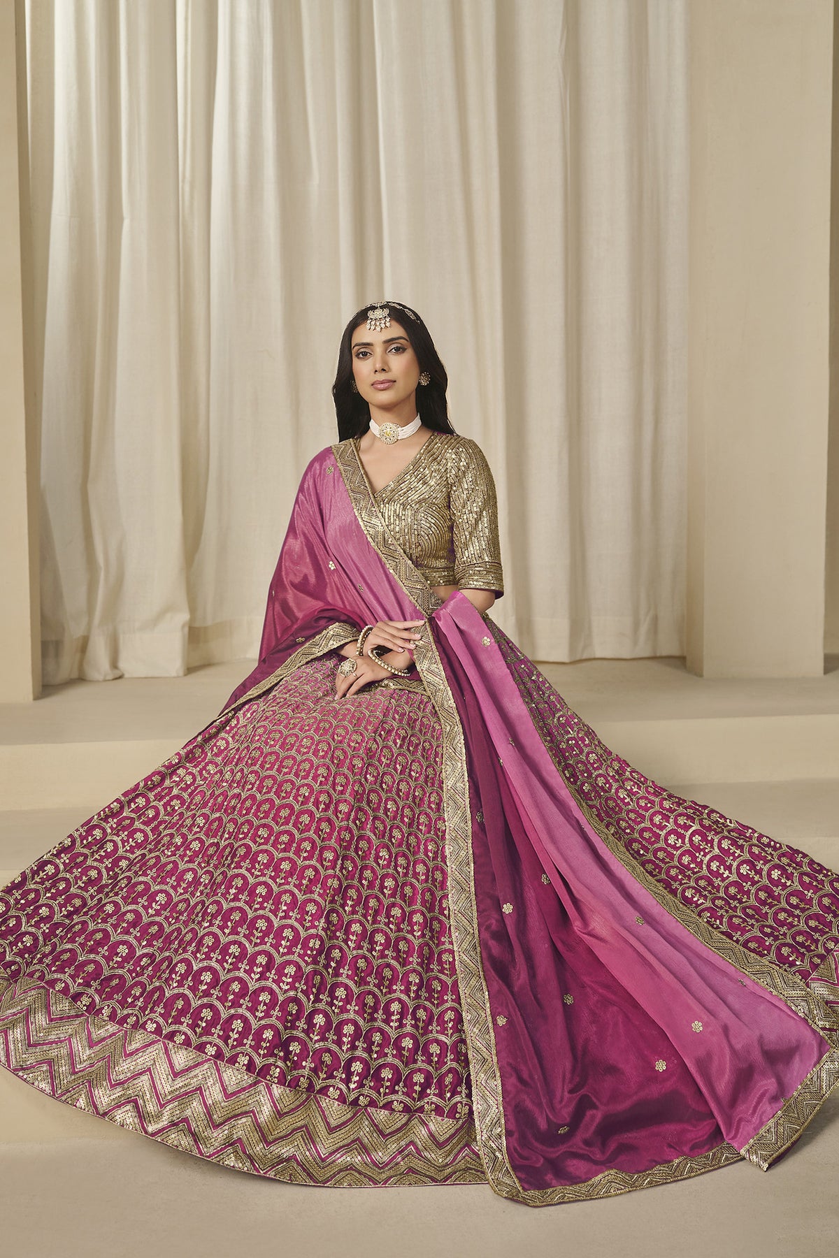 Pink Chinon silk lehenga outfit with blouse, skirt, and dupatta