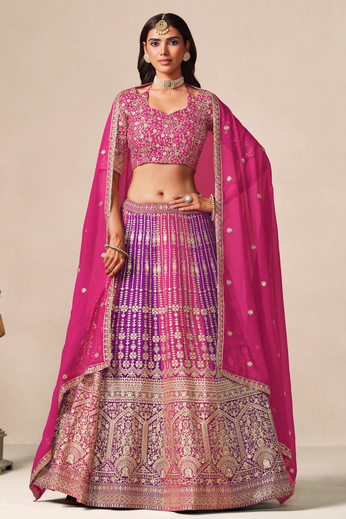 Pink lehenga choli with heavy embroidery front view