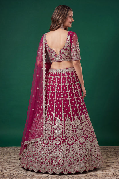 Designer lehenga pink front view with zari and dori embroidery