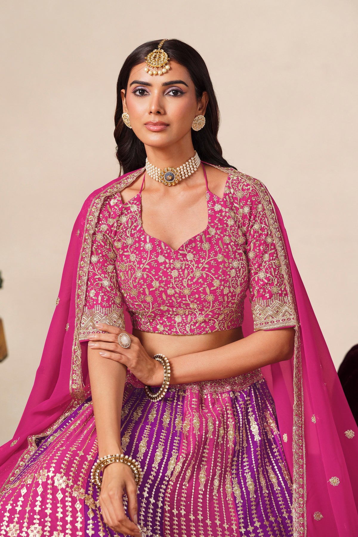 Sequin work detail on the pink lehenga choli