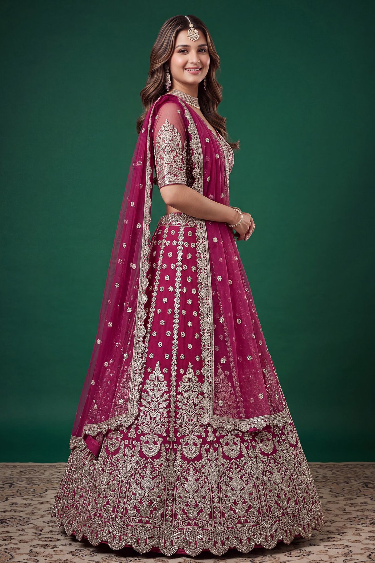 Pink lehengha choli side view with Soft Net dupatta