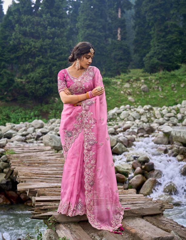 Pink Color Eid Special Embroidery Work Designer Saree With Stylish Blouse