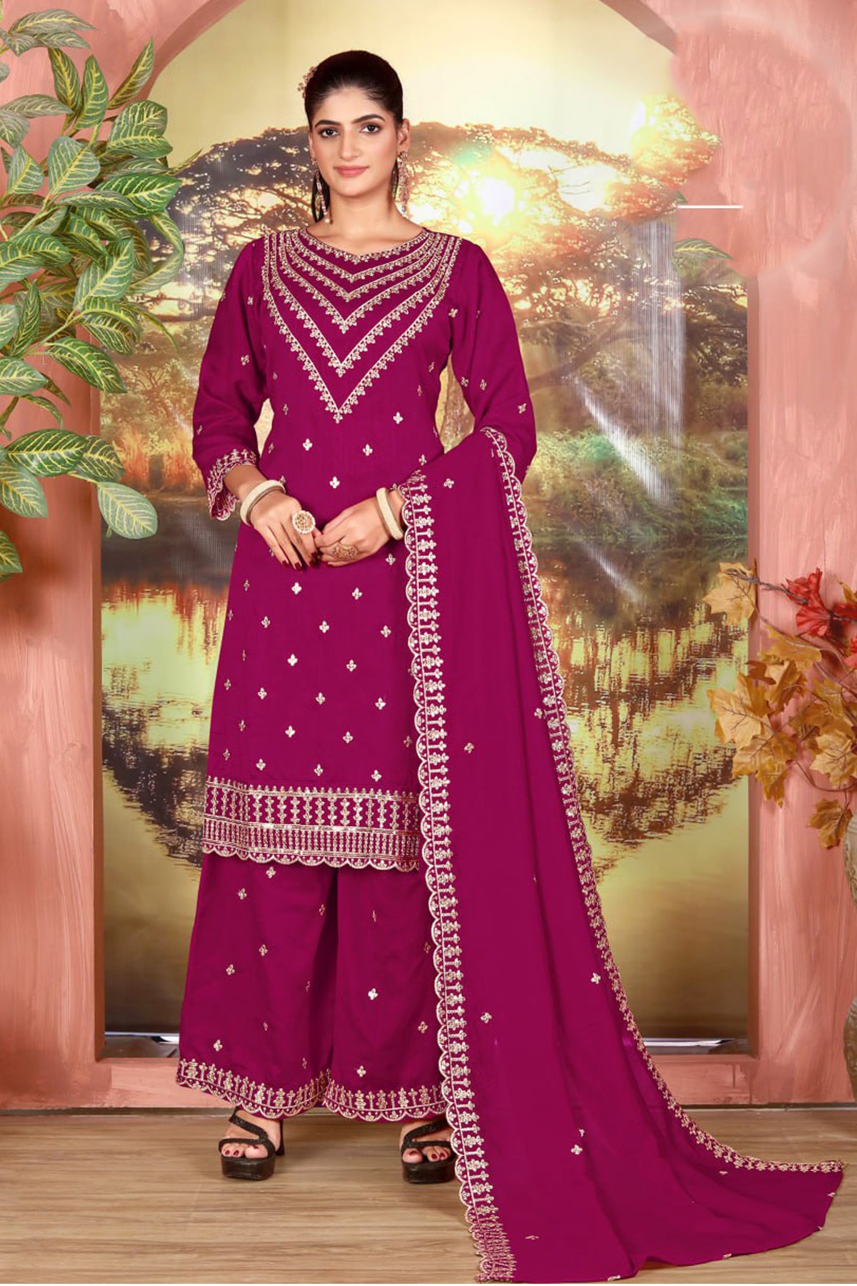 Pink plazza pants outfit with glass Zarkan work
