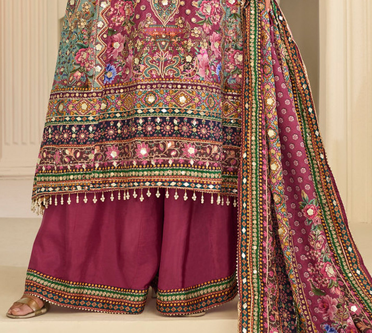 Close-up of embroidery and Gota Patti detailing