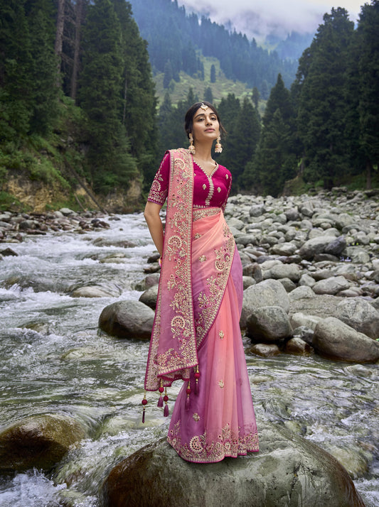 Attractive Pink Rani Color Embroidery Work Engagement Party Wear Saree