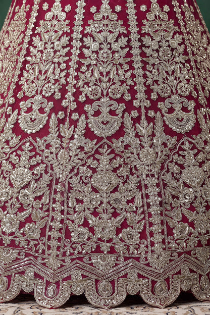 Close-up of Soft Net fabric on pink lehenga set