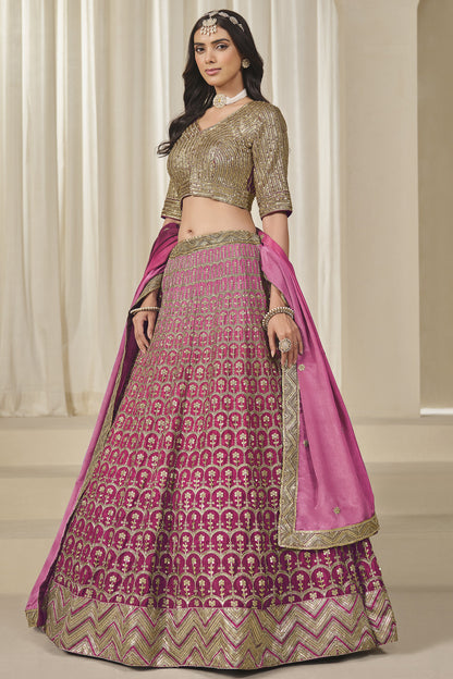 Pink Chinon silk lehenga with detailed embroidered skirt border