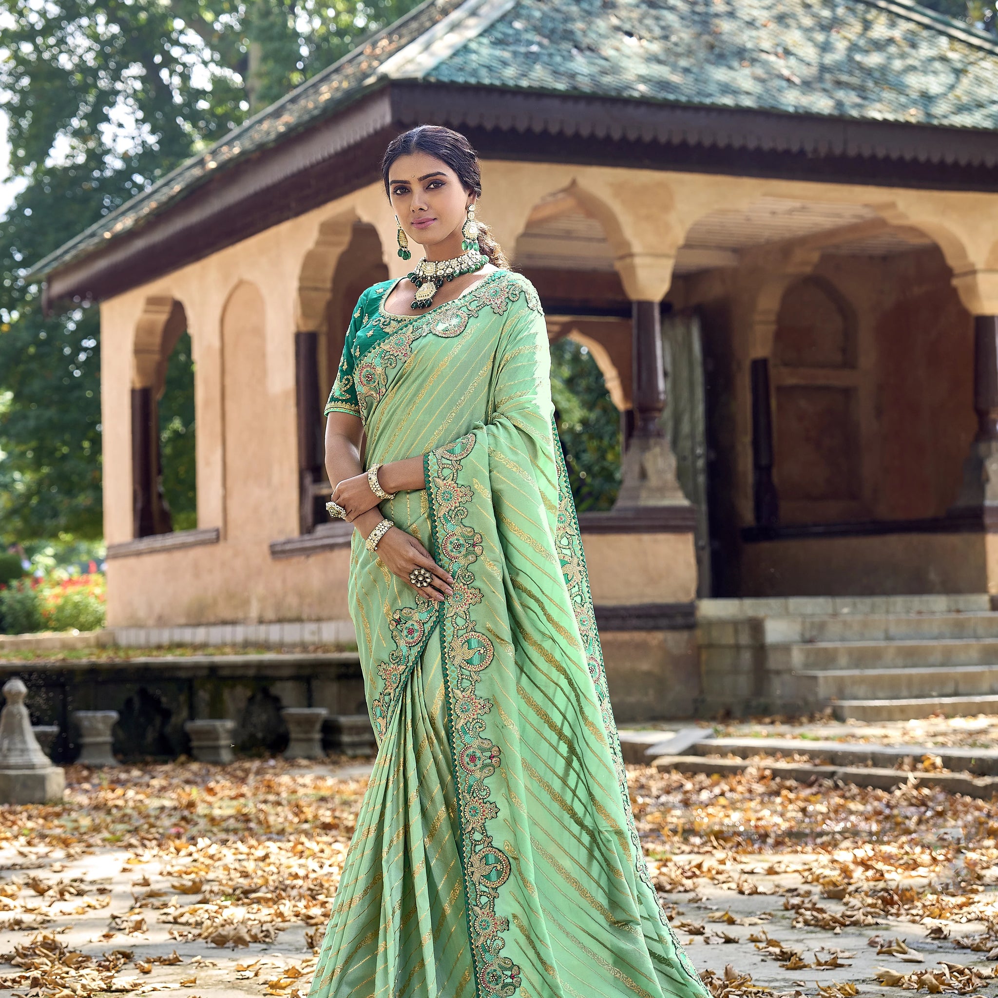 Sightly Pista Color Embroidery Silk Work Saree With Blouse