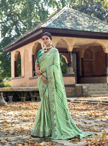 Sightly Pista Color Embroidery Silk Work Saree With Blouse