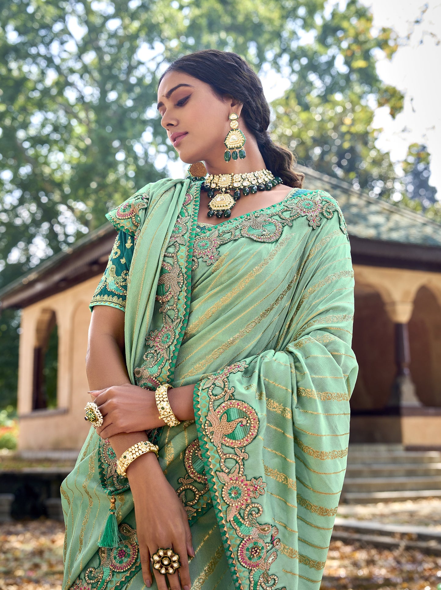 Sightly Pista Color Embroidery Silk Work Saree With Blouse