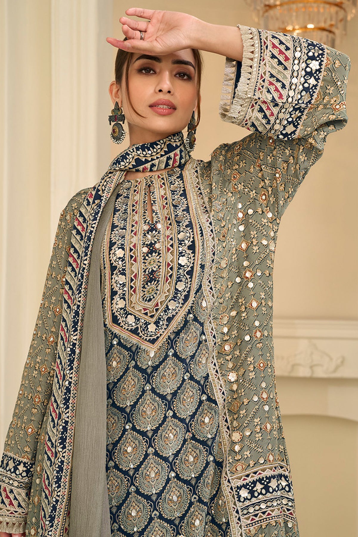 Full view of a pistachio green three-piece palazzo dress
