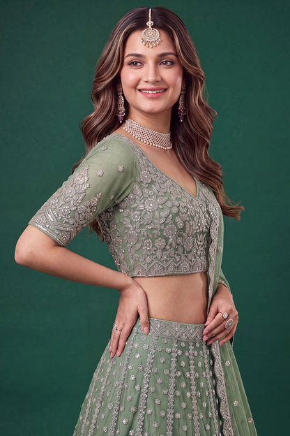 Pistachio green indian lehenga choli for wedding, side view
